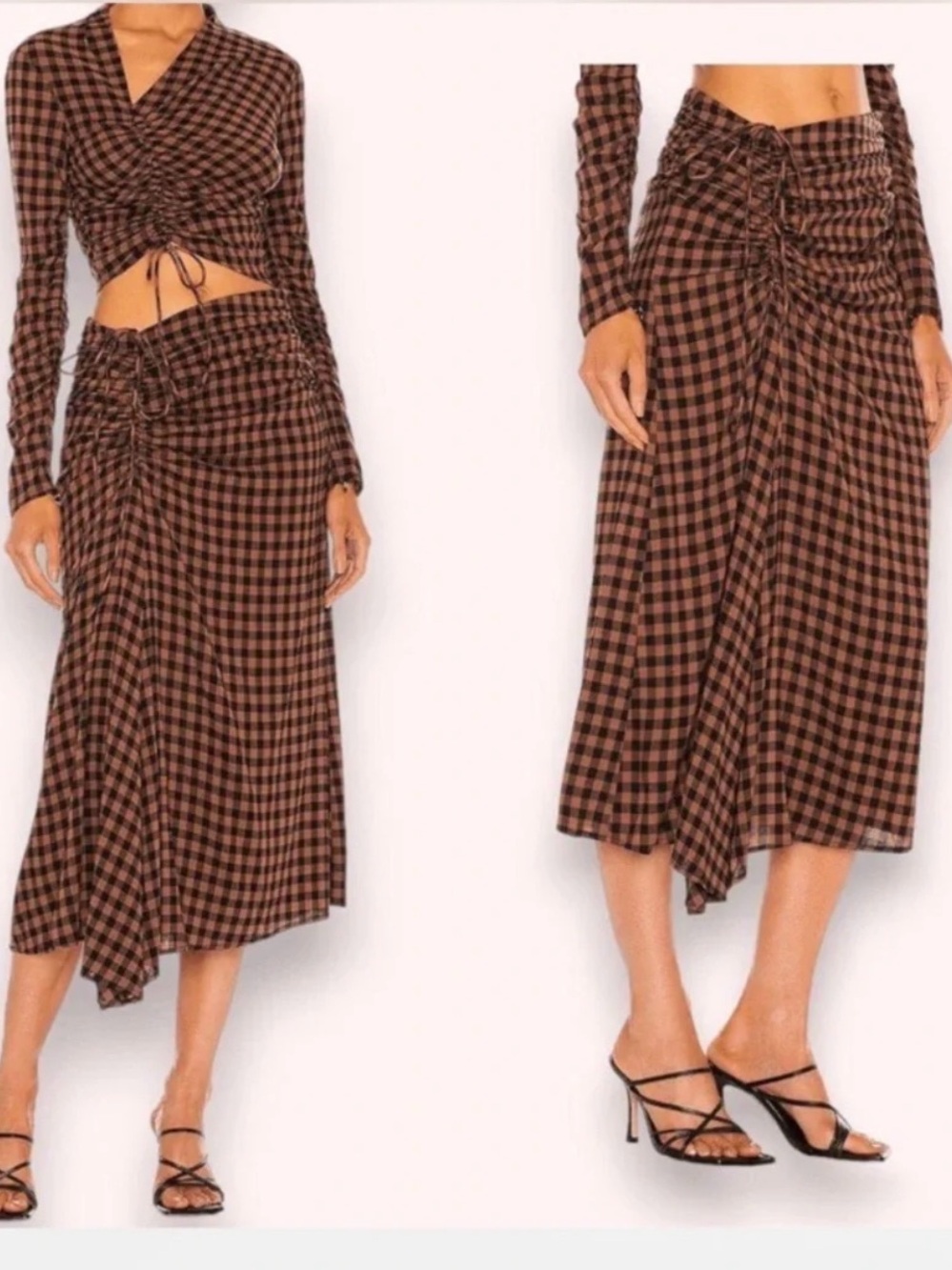A.L.C Orly Ruched Check Midi Skirt in Rust and Black